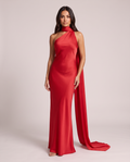Scarlett Scarf Halter Satin Maxi Dress in Cherry Red, front