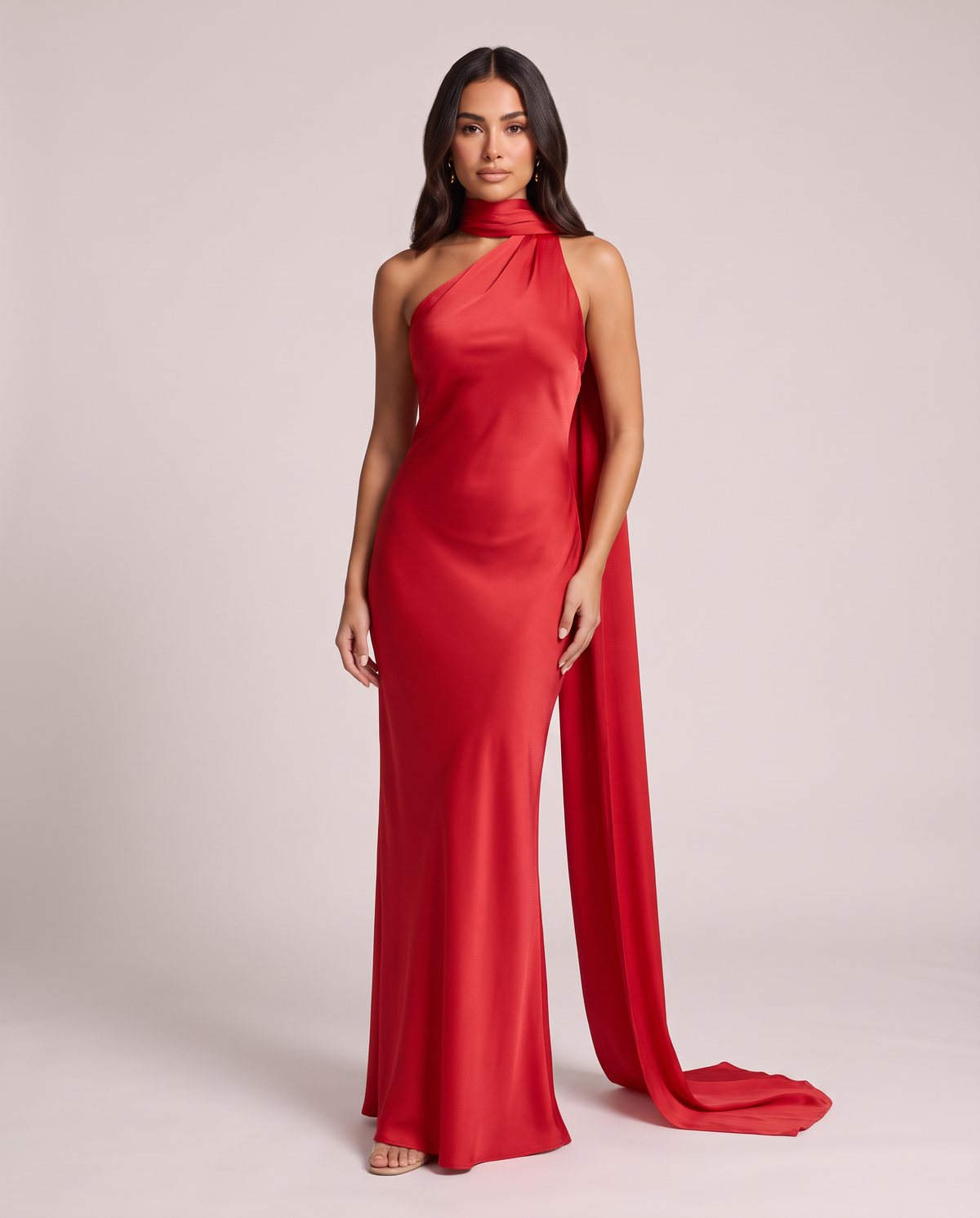 Scarlett Scarf Halter Satin Maxi Dress in Cherry Red, front