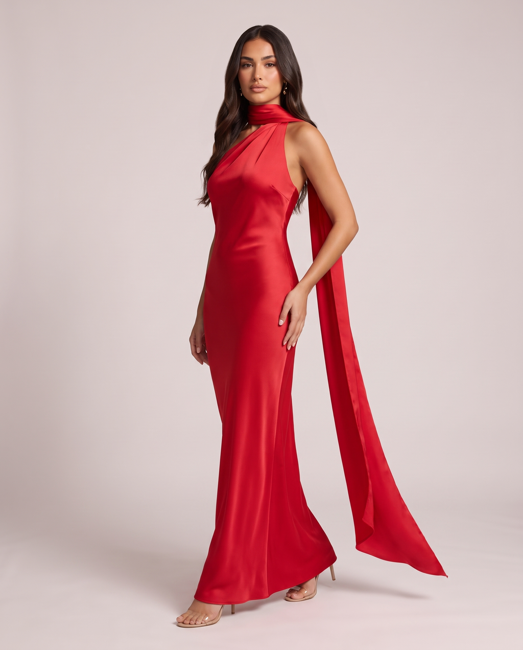 Scarlett Scarf Halter Satin Maxi Dress in Cherry Red, side