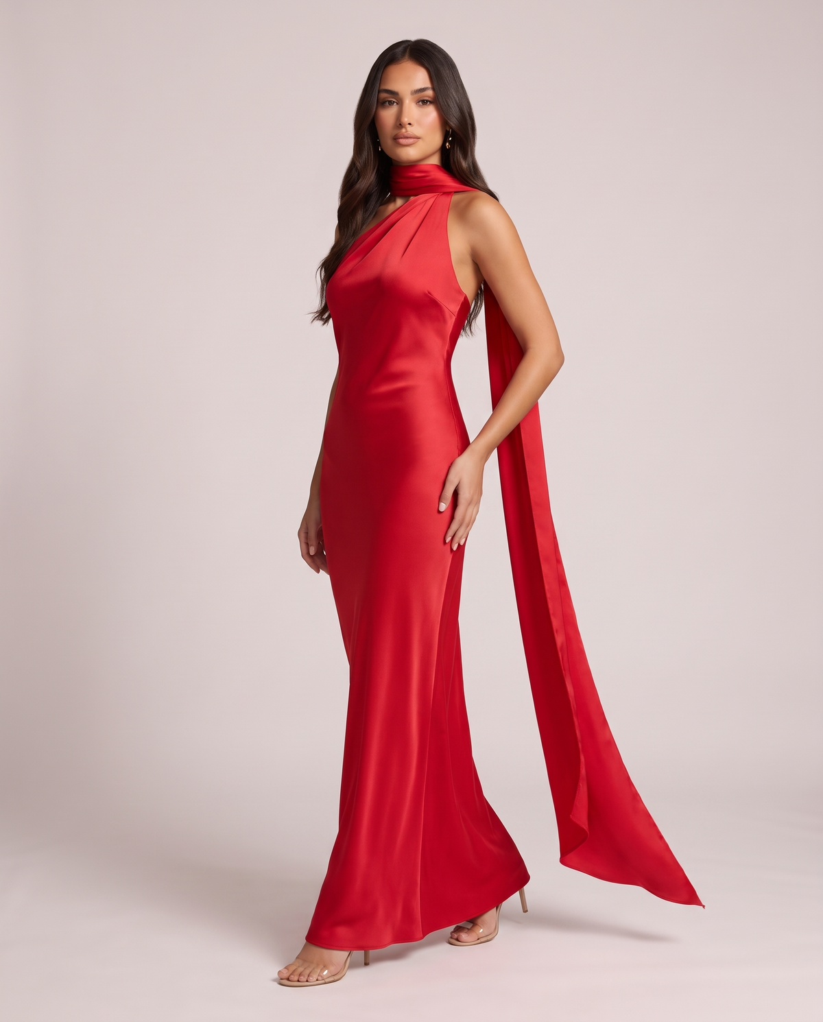 Scarlett Scarf Halter Satin Maxi Dress in Cherry Red, side