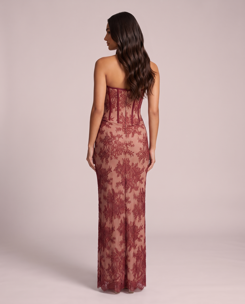Vivienne Lace Corset Maxi Dress in Wine, back