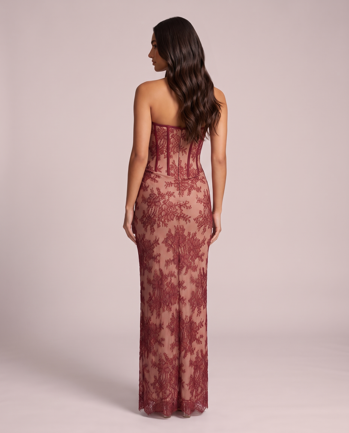 Vivienne Lace Corset Maxi Dress in Wine, back