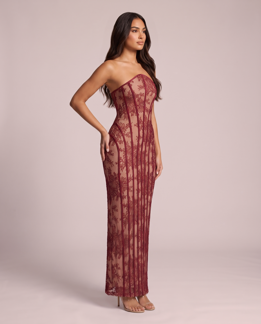 Vivienne Lace Corset Maxi Dress in Wine, side