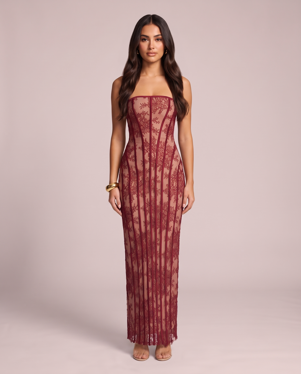Vivienne Lace Corset Maxi Dress in Wine, front
