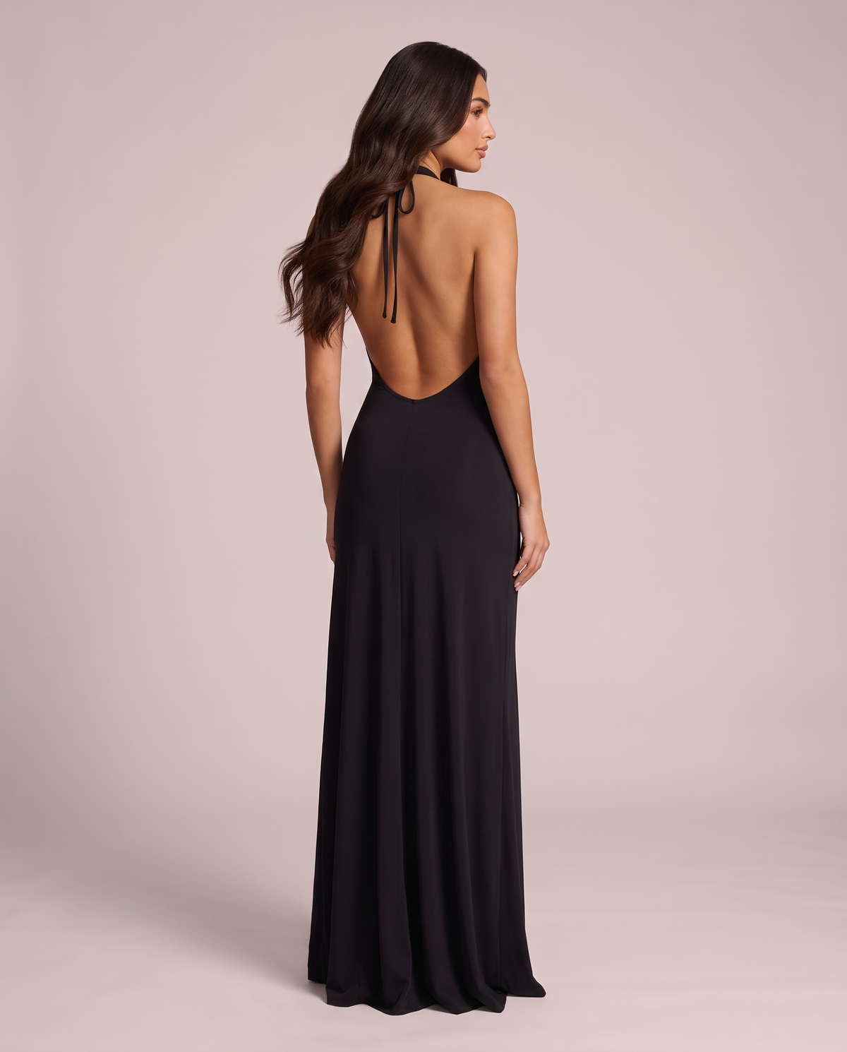 Noemi Plunge Halter Maxi Dress in Black, open back