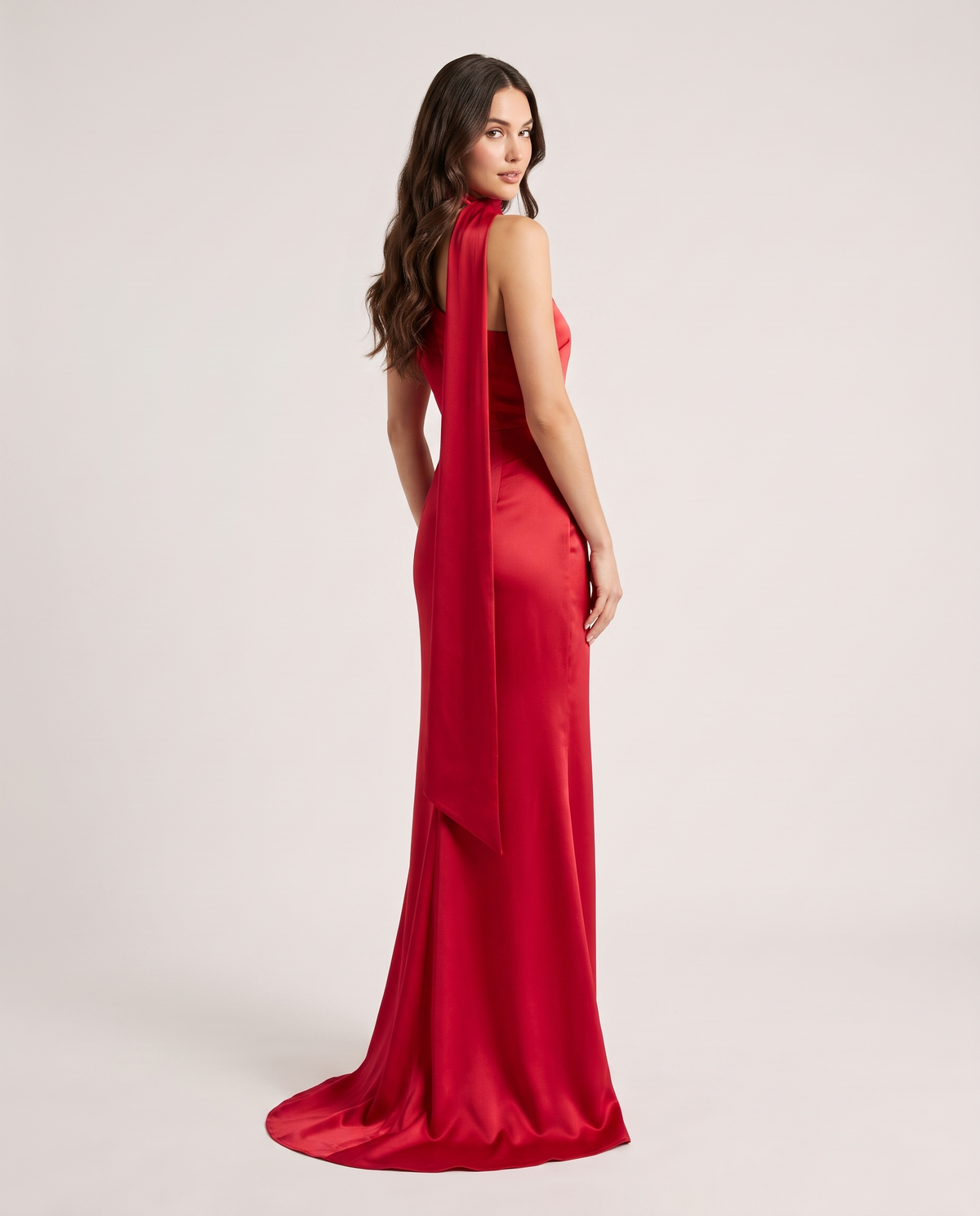 Scarlett Scarf Halter Satin Maxi Dress in Cherry Red, back scarf panel