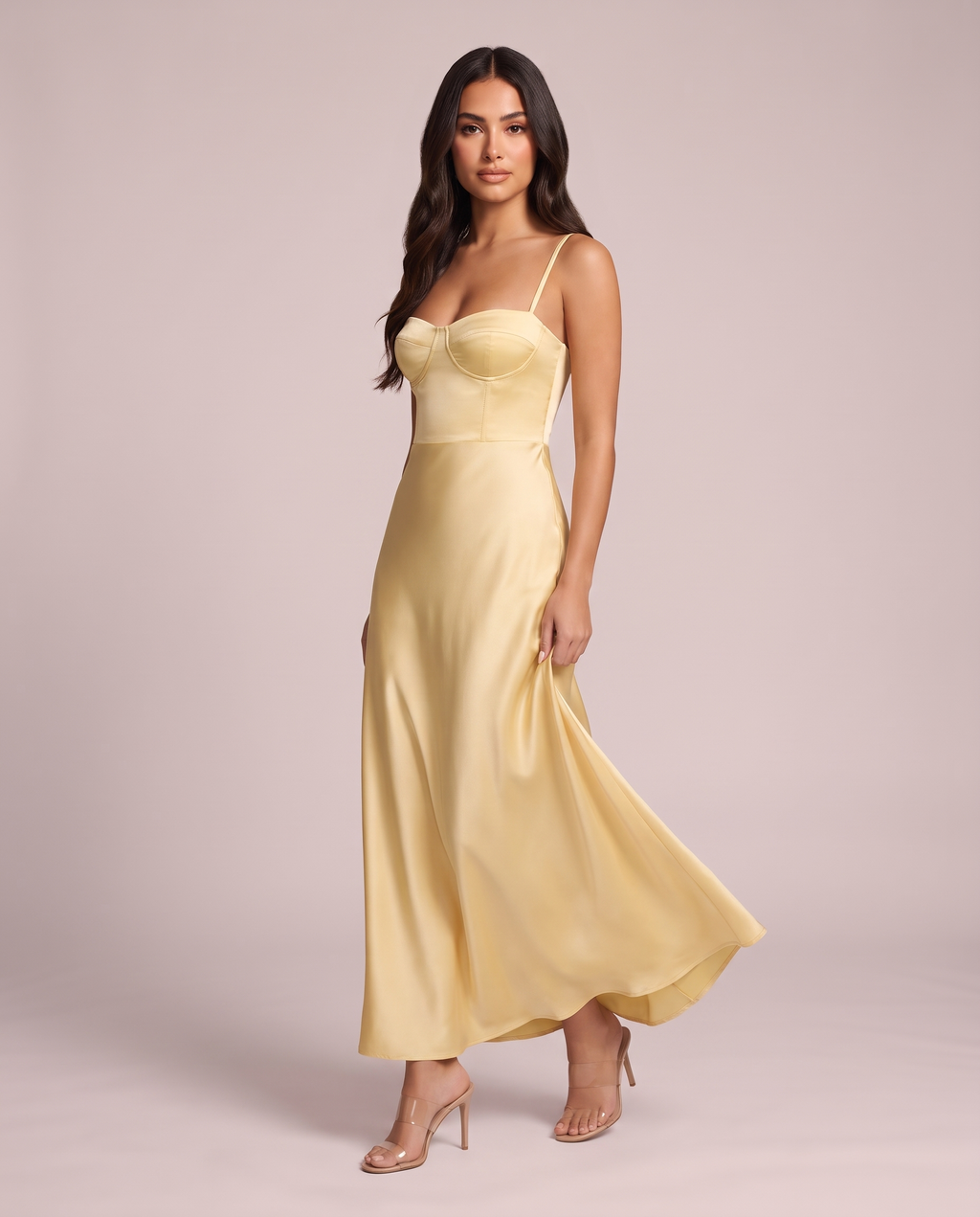Gianna Satin Bustier Maxi Dress in Soft Gold, side