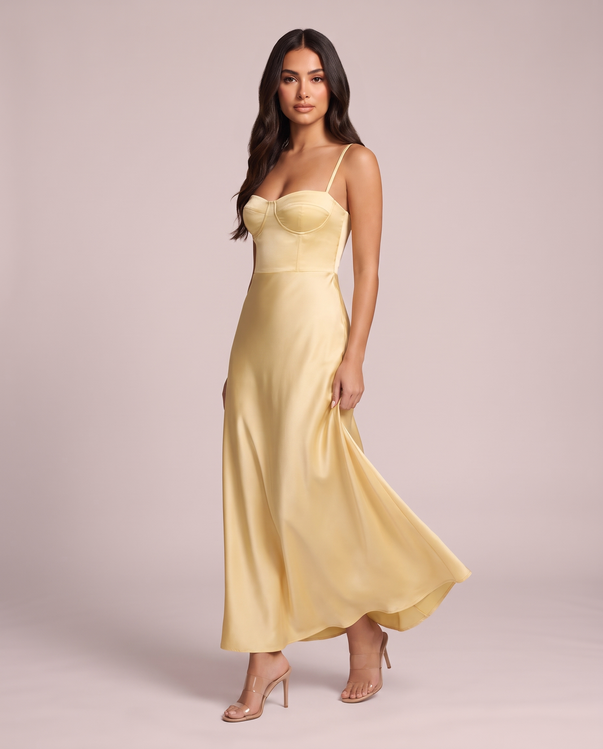 Gianna Satin Bustier Maxi Dress in Soft Gold, side