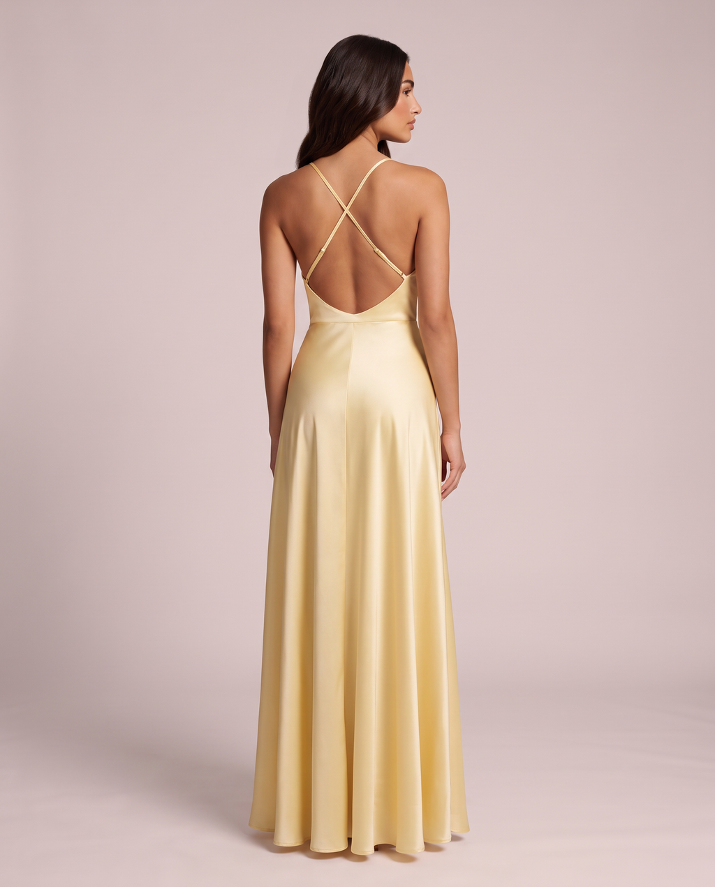 Gianna Satin Bustier Maxi Dress in Soft Gold, crossed-strap back