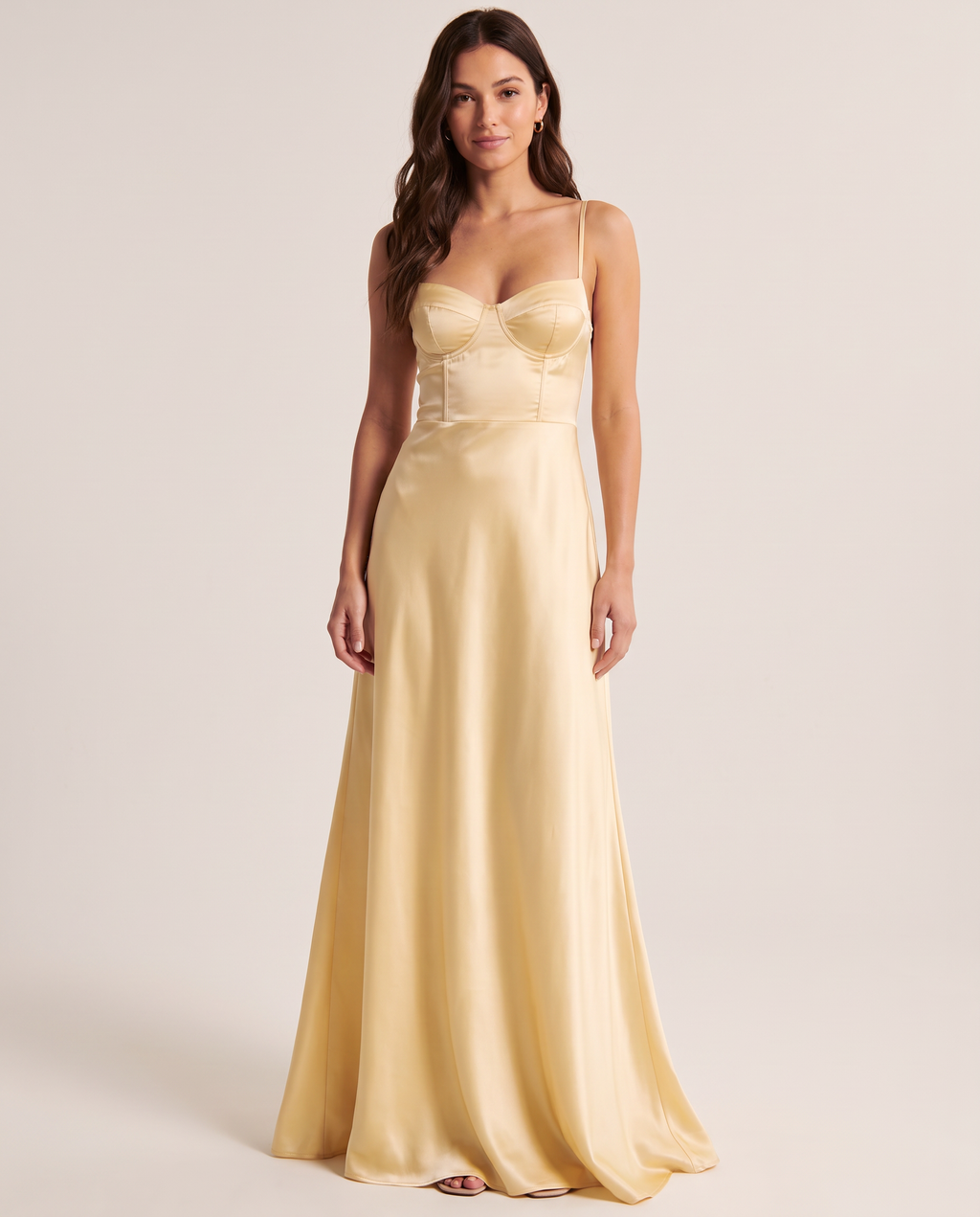 Gianna Satin Bustier Maxi Dress in Soft Gold, front