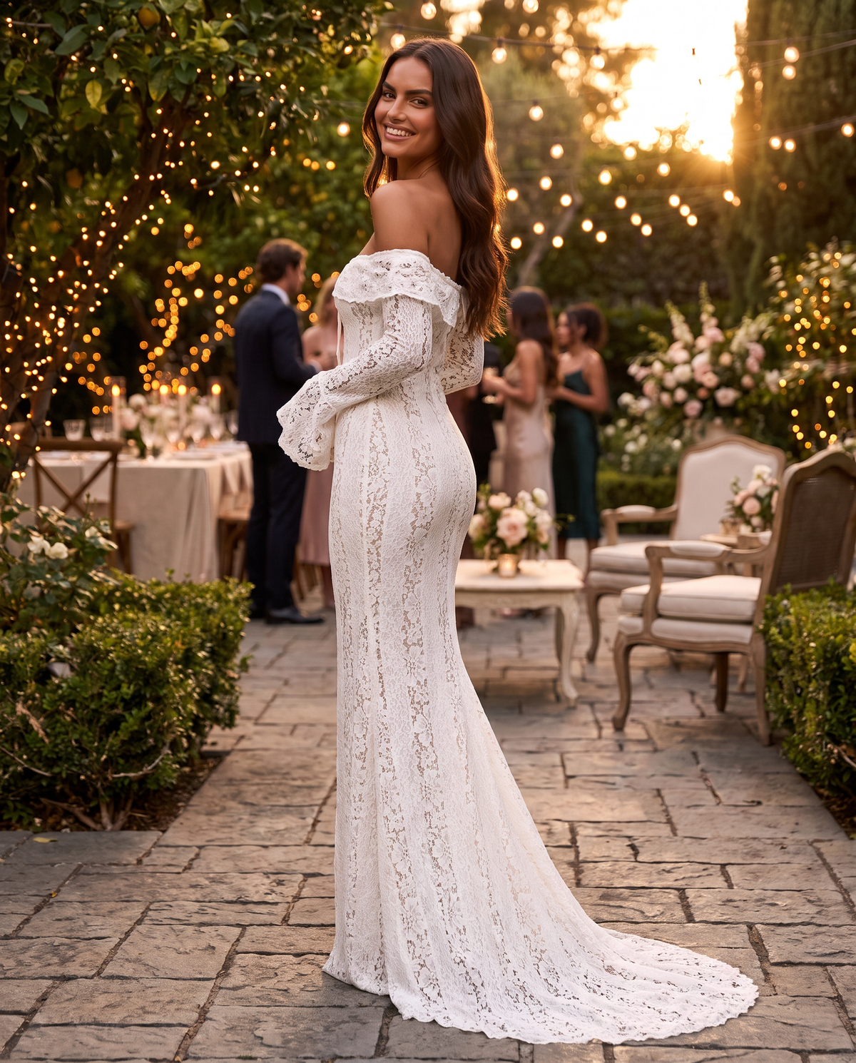 Isabella Lace Maxi Dress in Ivory at an evening garden party