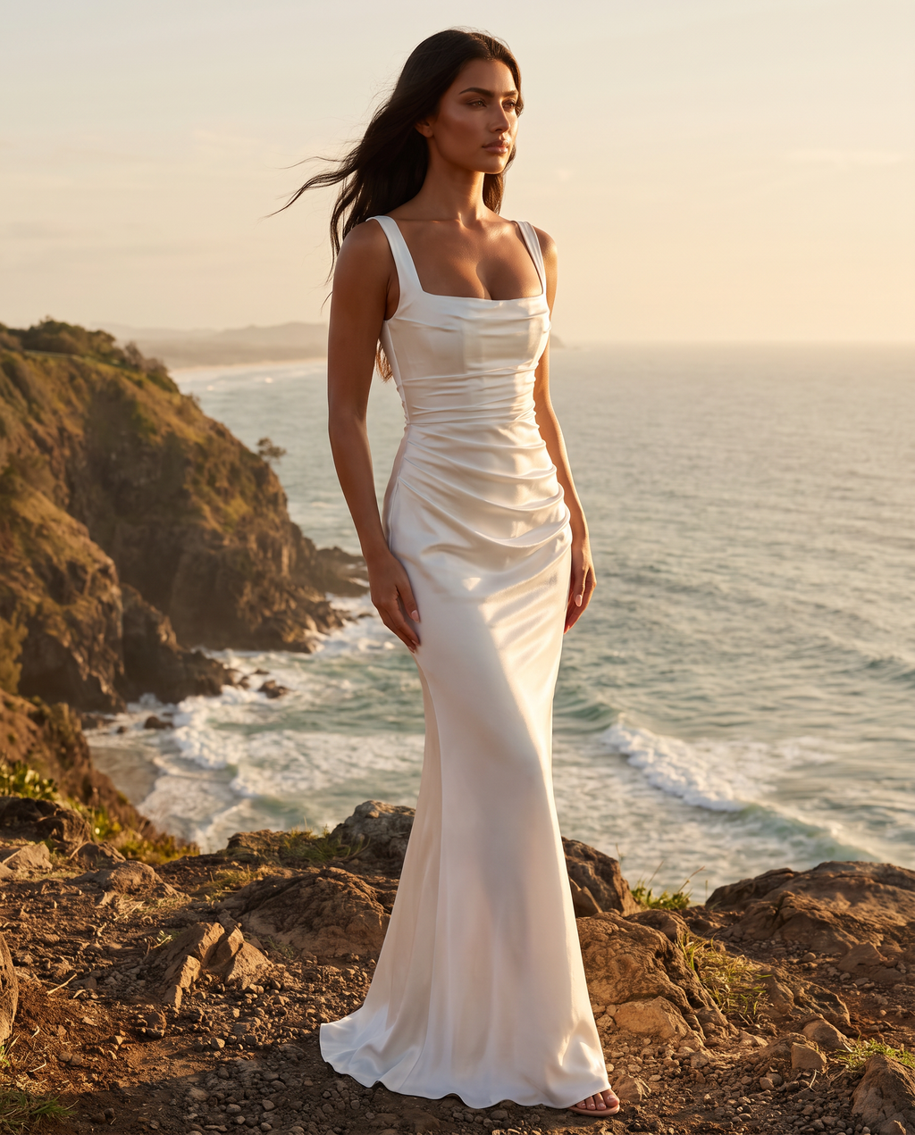 Sienna Satin Maxi Dress in Ivory on a coastal clifftop at sunset