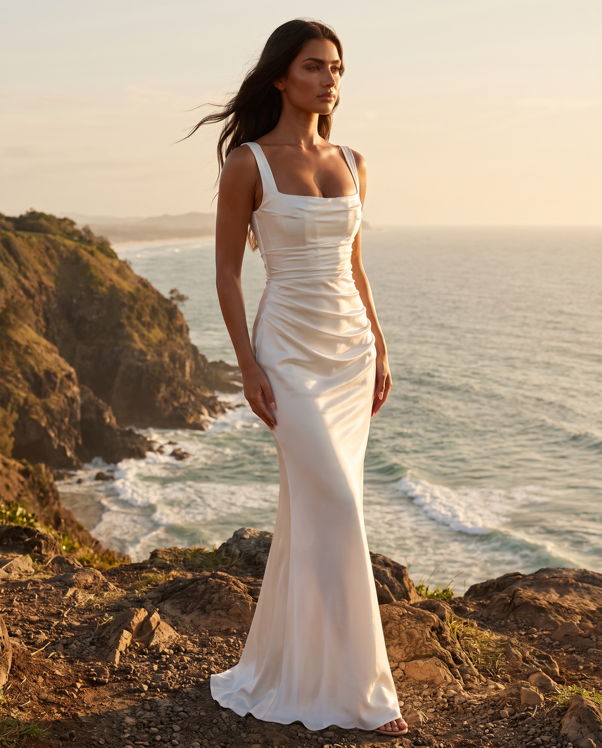 Sienna Satin Maxi Dress in Ivory on a coastal clifftop at sunset