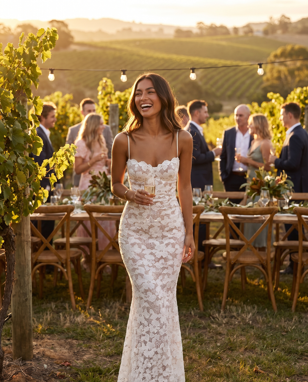 Perla Lace Maxi Dress in Ivory at a vineyard wedding