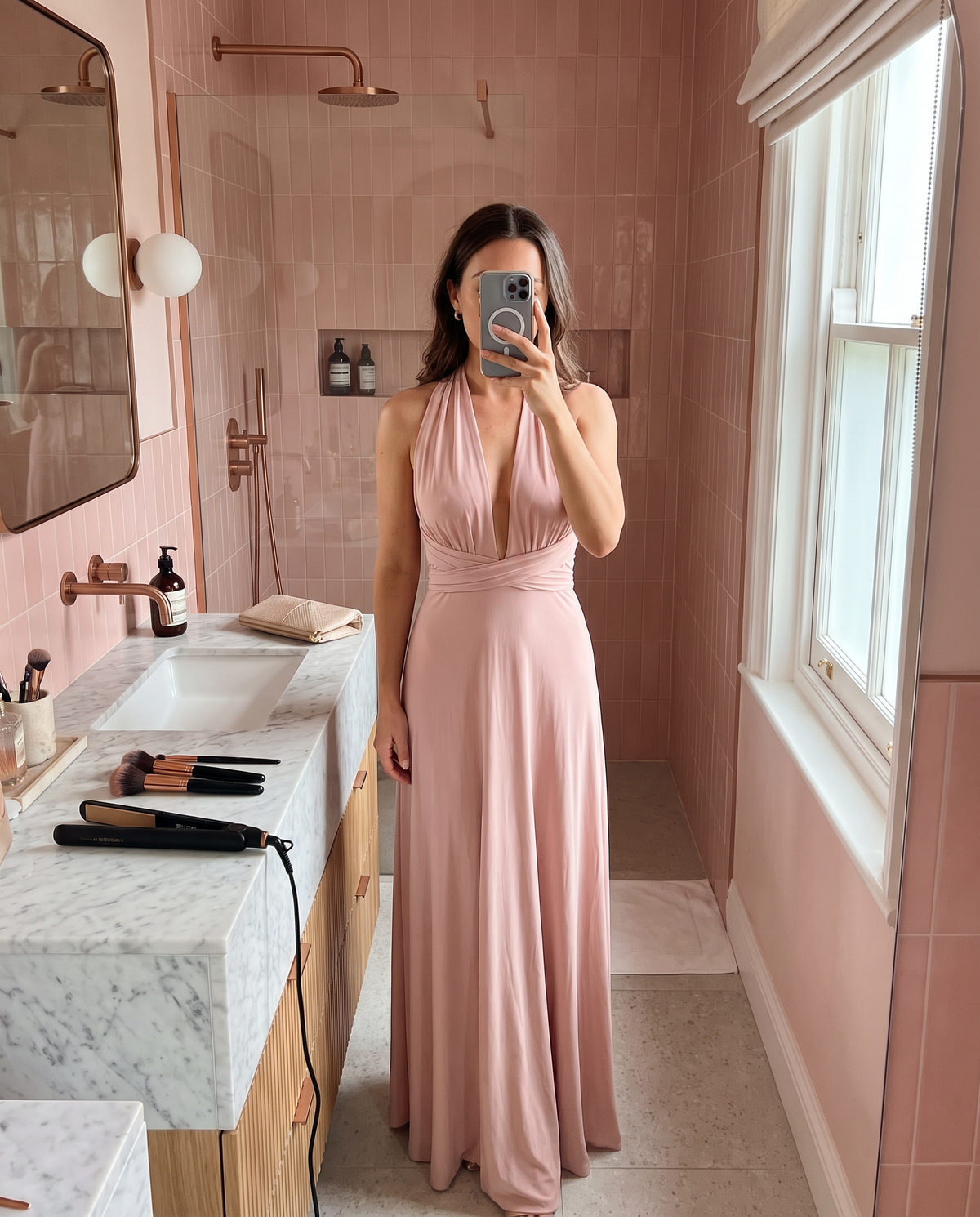 Aurora Plunge Maxi Dress in Blush Pink, mirror selfie