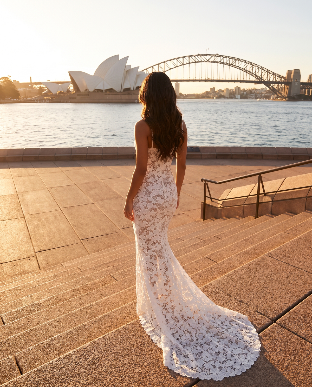 Perla Lace Maxi Dress in Ivory, back view on harbourside steps