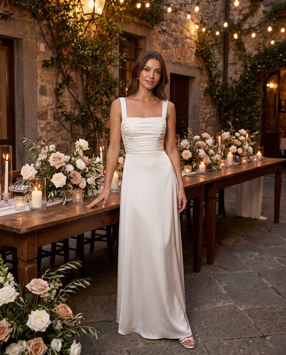 Sienna Satin Maxi Dress in Ivory at a candlelit courtyard dinner