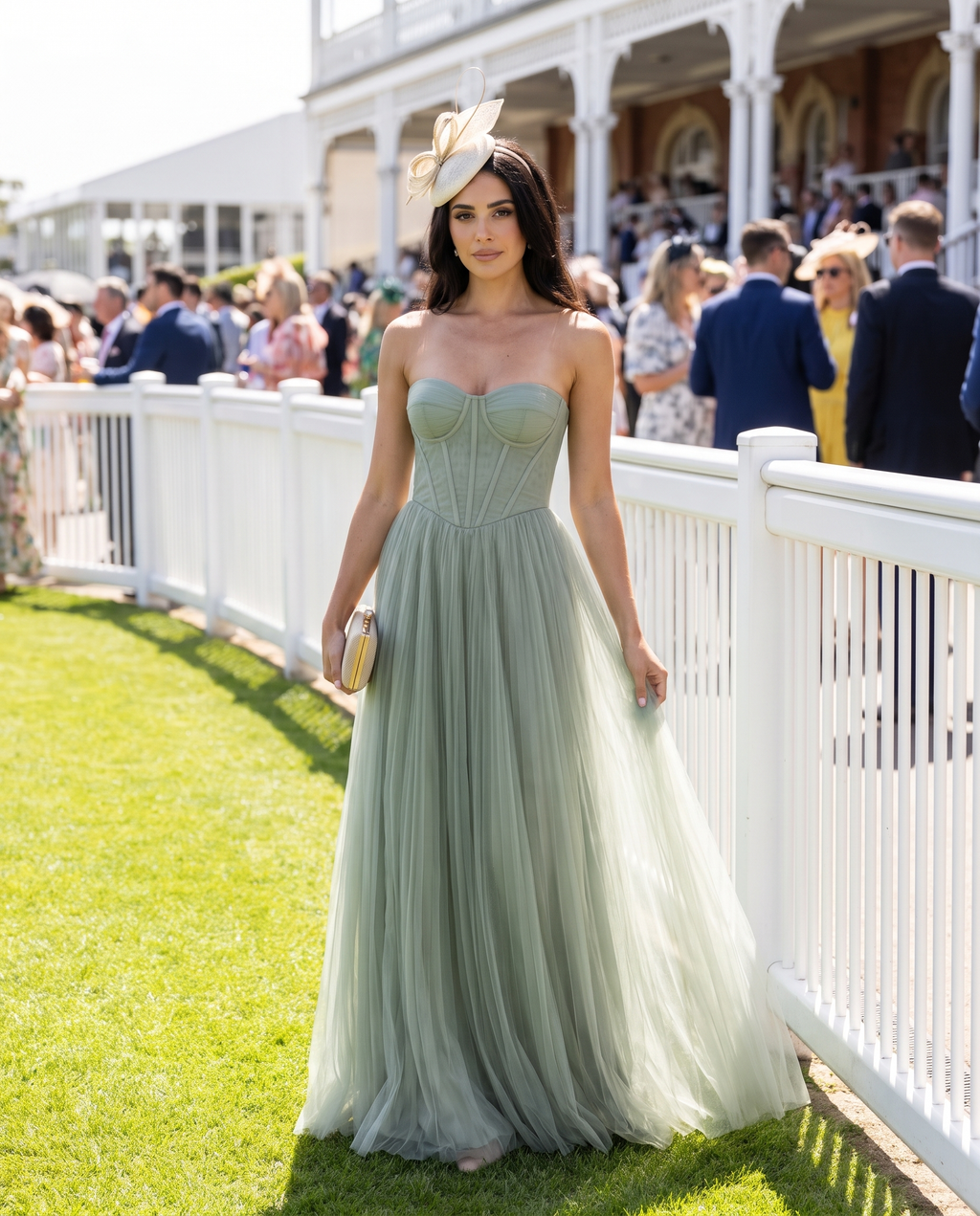 Arabella Pleated Maxi Dress in Sage Green at the spring racing carnival
