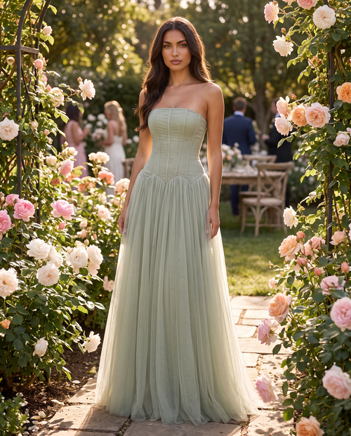 Arabella Pleated Maxi Dress in Sage Green in a rose garden at a wedding
