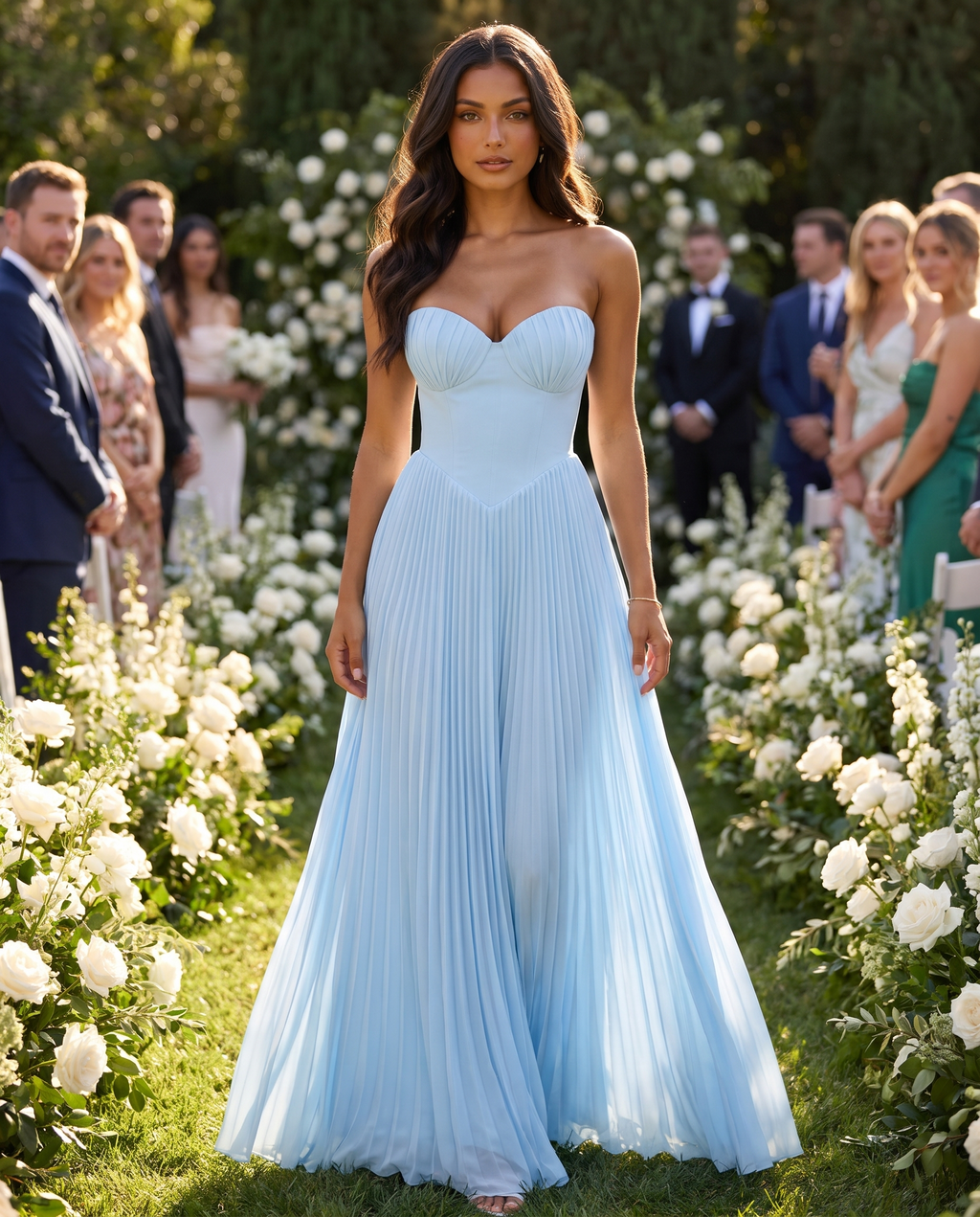 Ophelia Pleated Maxi Dress in Powder Blue at a garden wedding ceremony